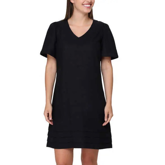 NWT Nicole Miller Black V-Neck Short Flutter Sleeve Linen Blend Dress Sz L - Picture 1 of 10